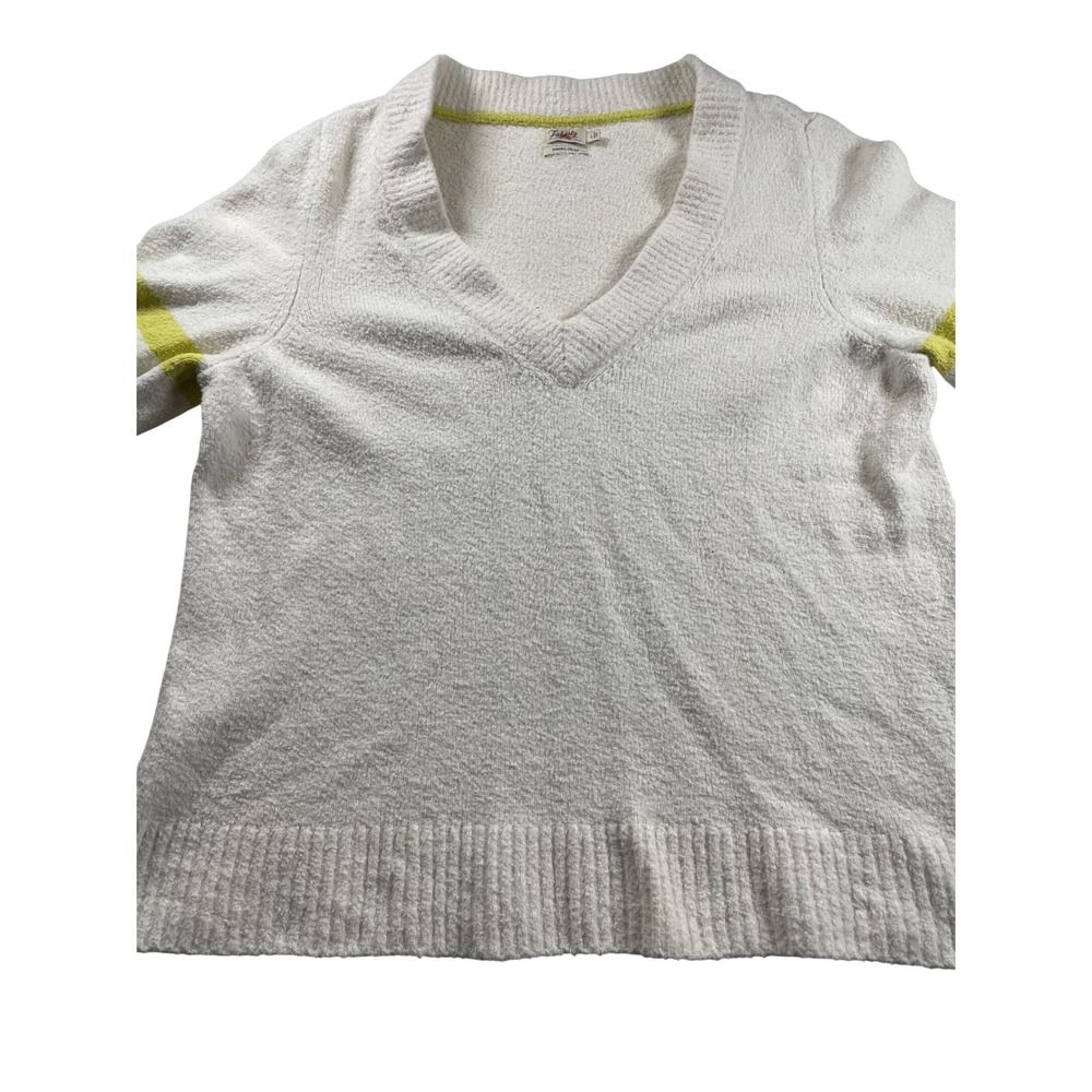 Faherty V Neck Fuzzy Knit Sweater White Neon Green Stripe Accent Size L - Picture 2 of 7